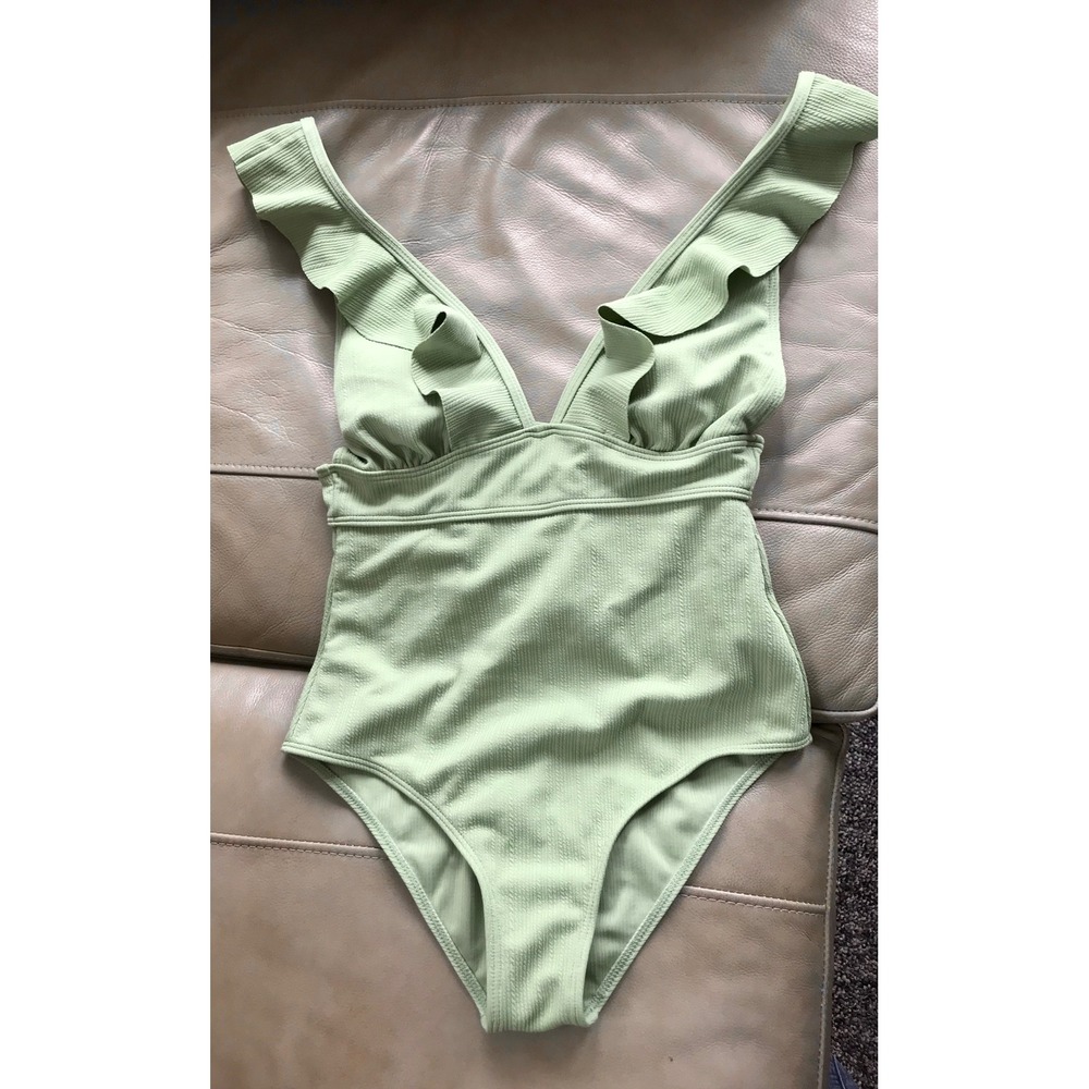 Celery Green Ruffle V-Neck Ribbed One Piece Swimsuit Lace Up Back Medium